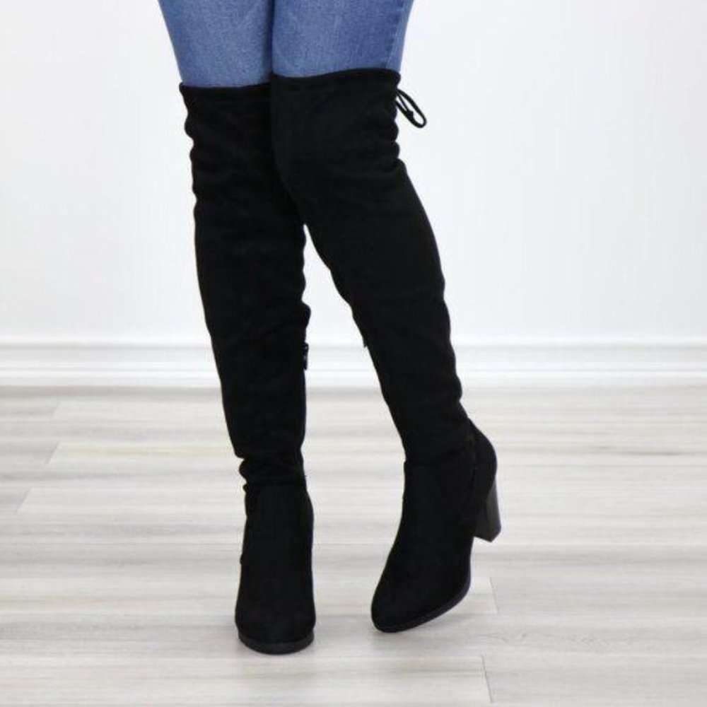 Tie Back Over Knee Heeled Sleek Boots Suede Black - Picture 3 of 15